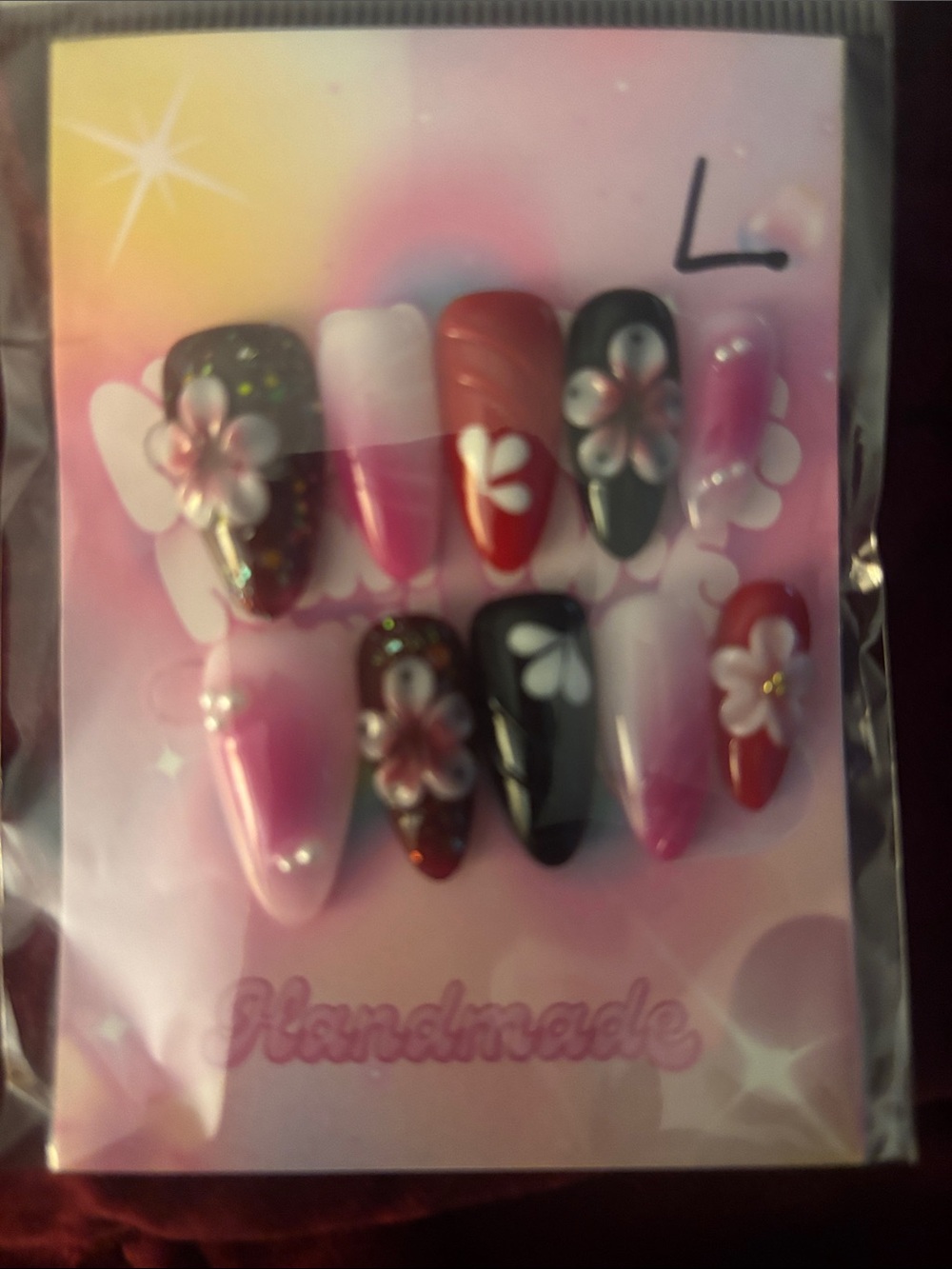 Handmade Pink & Black Floral Press-On Nail Set